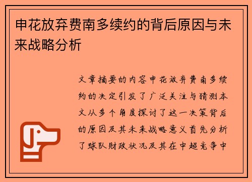 申花放弃费南多续约的背后原因与未来战略分析